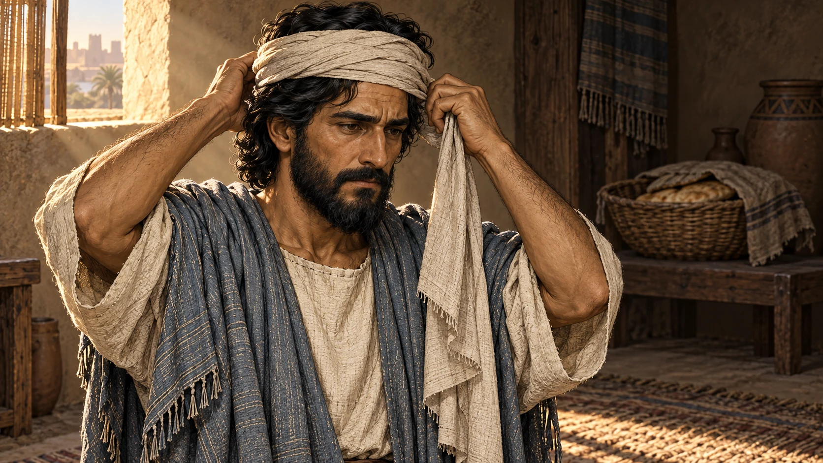 Ezekiel binds a plain turban in private, with untouched bread behind him.