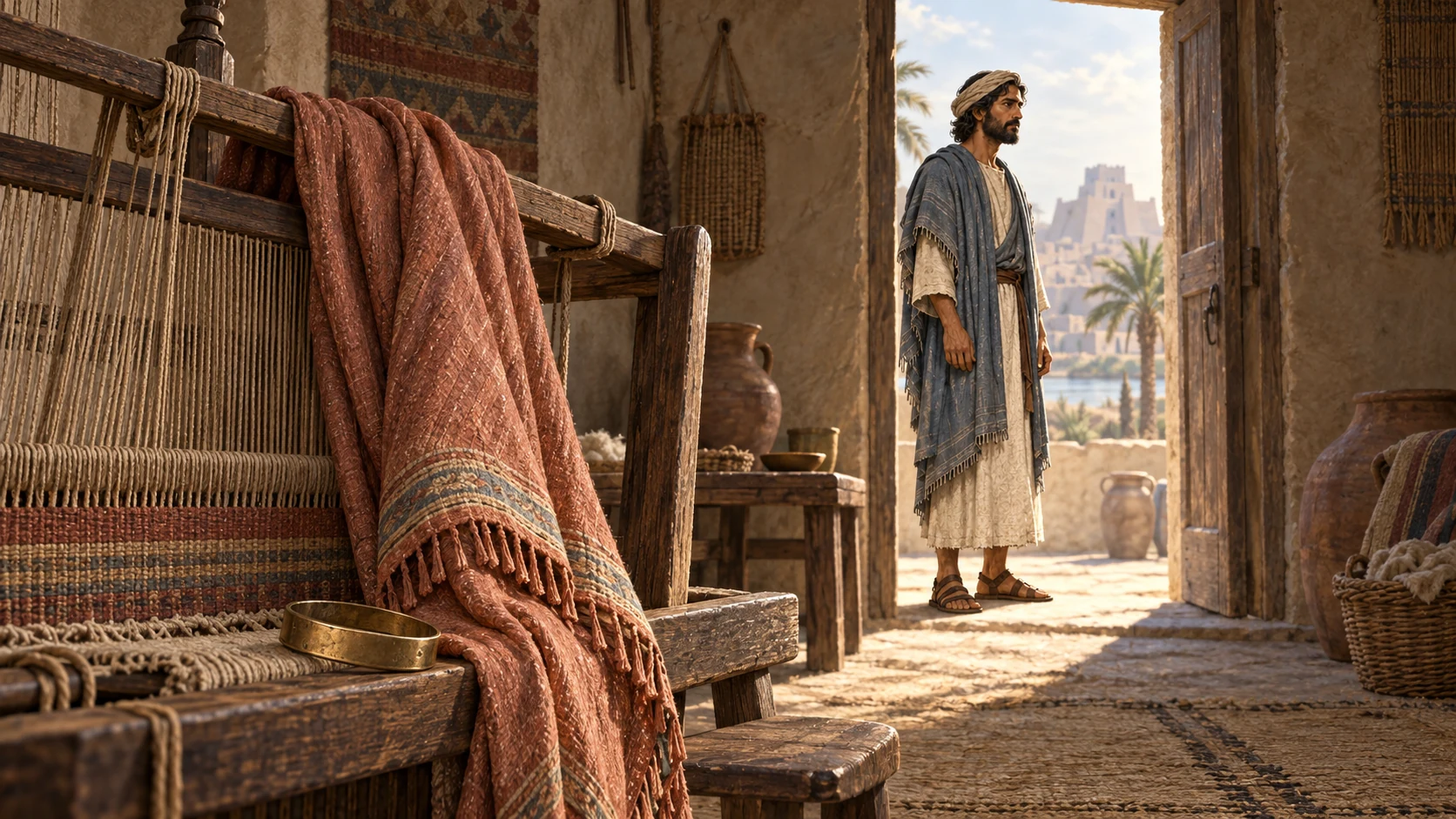An empty loom holds a terracotta shawl and bronze bracelet as Ezekiel stands at dawn.