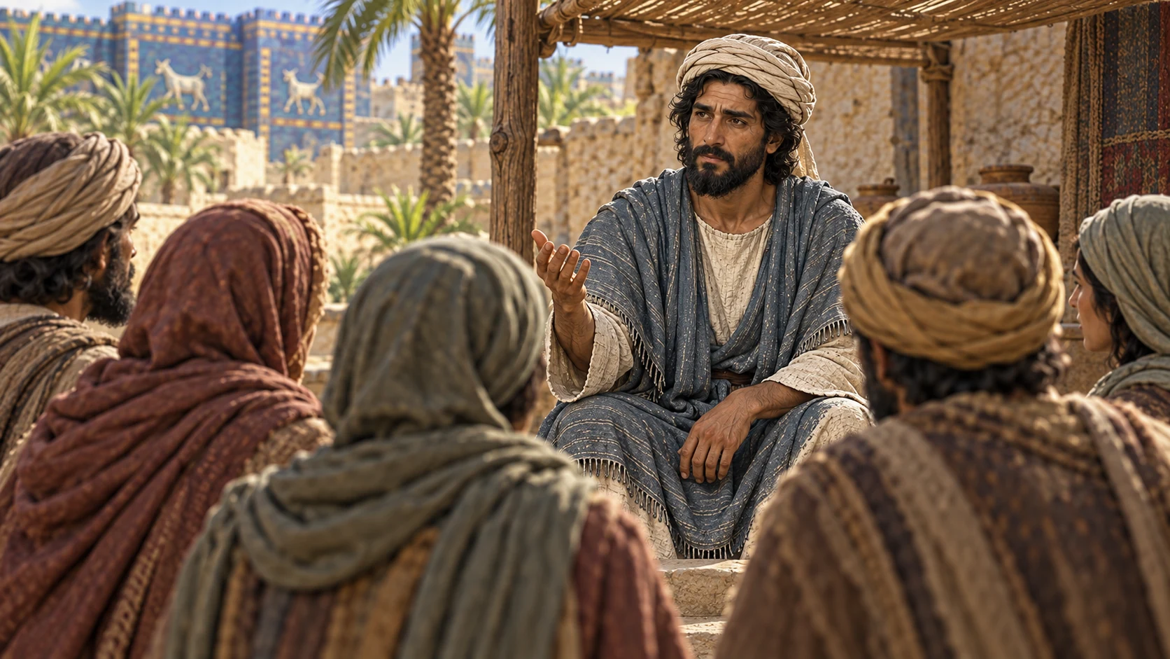 Seen from behind the exiles, Ezekiel raises a hand to answer.