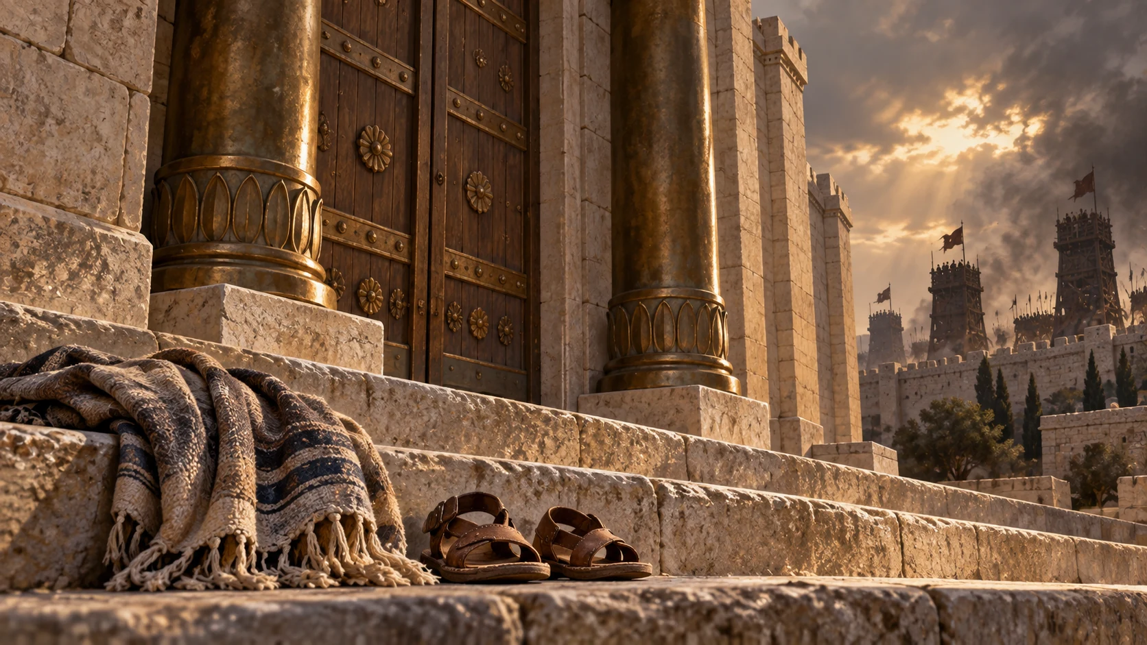 The intact sanctuary’s closed exterior doors face siege towers beyond the wall; small sandals rest outside.
