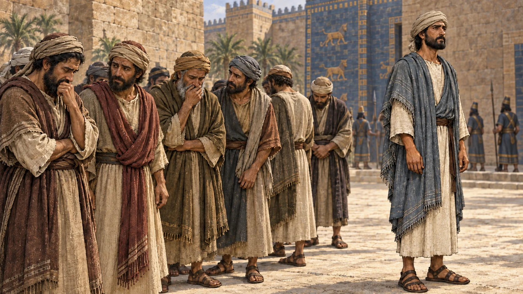 Grieving exiles stand in ordinary turbans and sandals while Ezekiel remains apart.