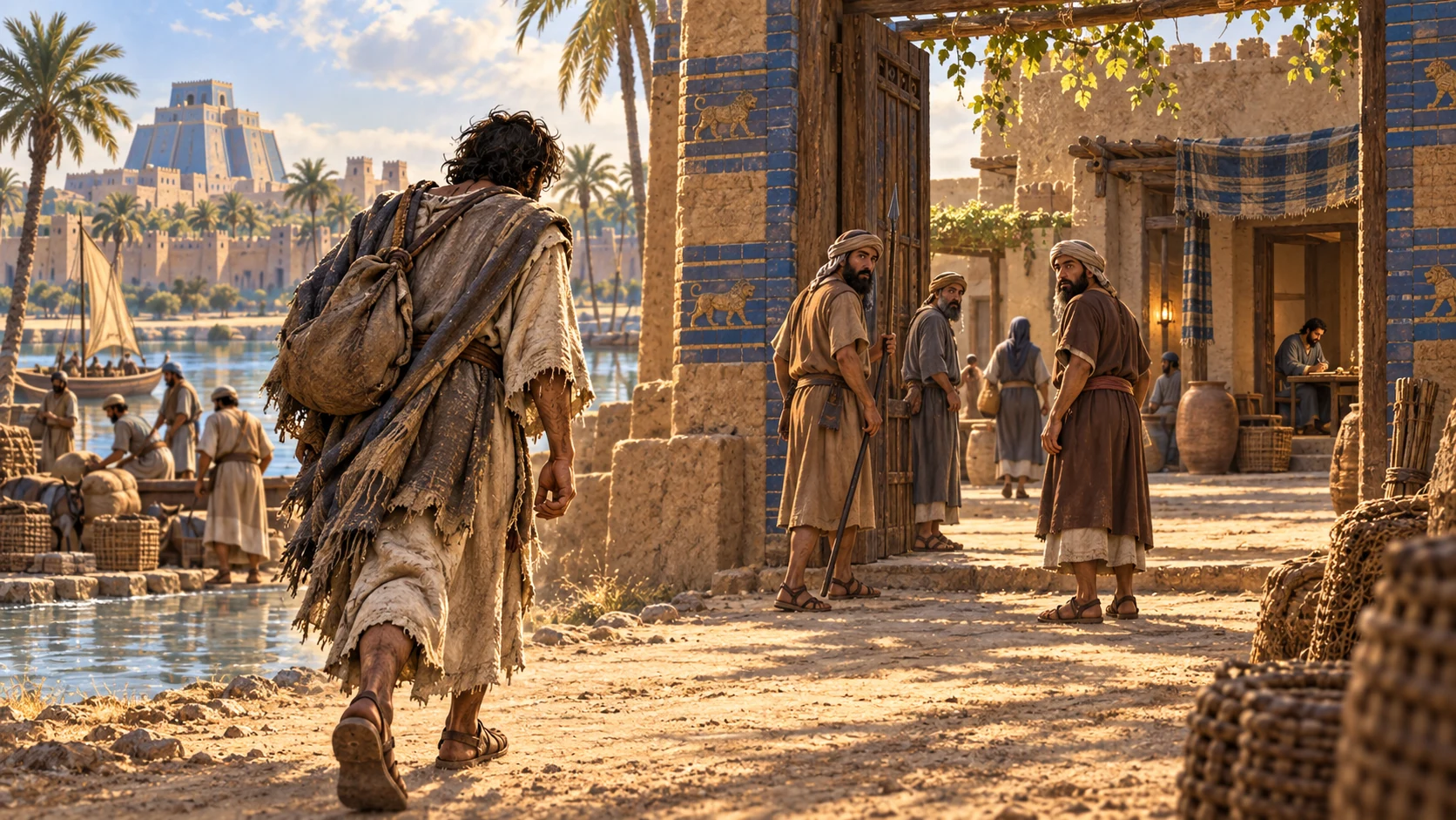 An unnamed dusty traveler approaches the exile settlement gate along the canal.