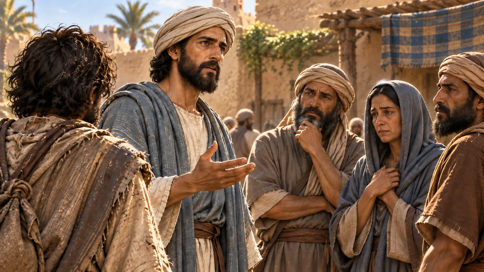 Ezekiel speaks to somber exiles while the fugitive stands nearby.