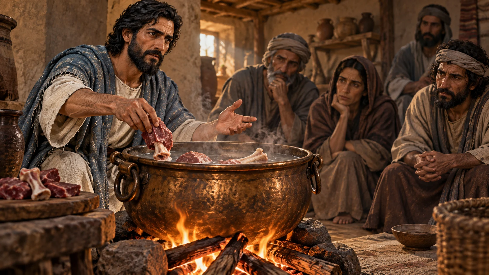 Ezekiel sets meat and bones into a bronze pot as exiles watch.