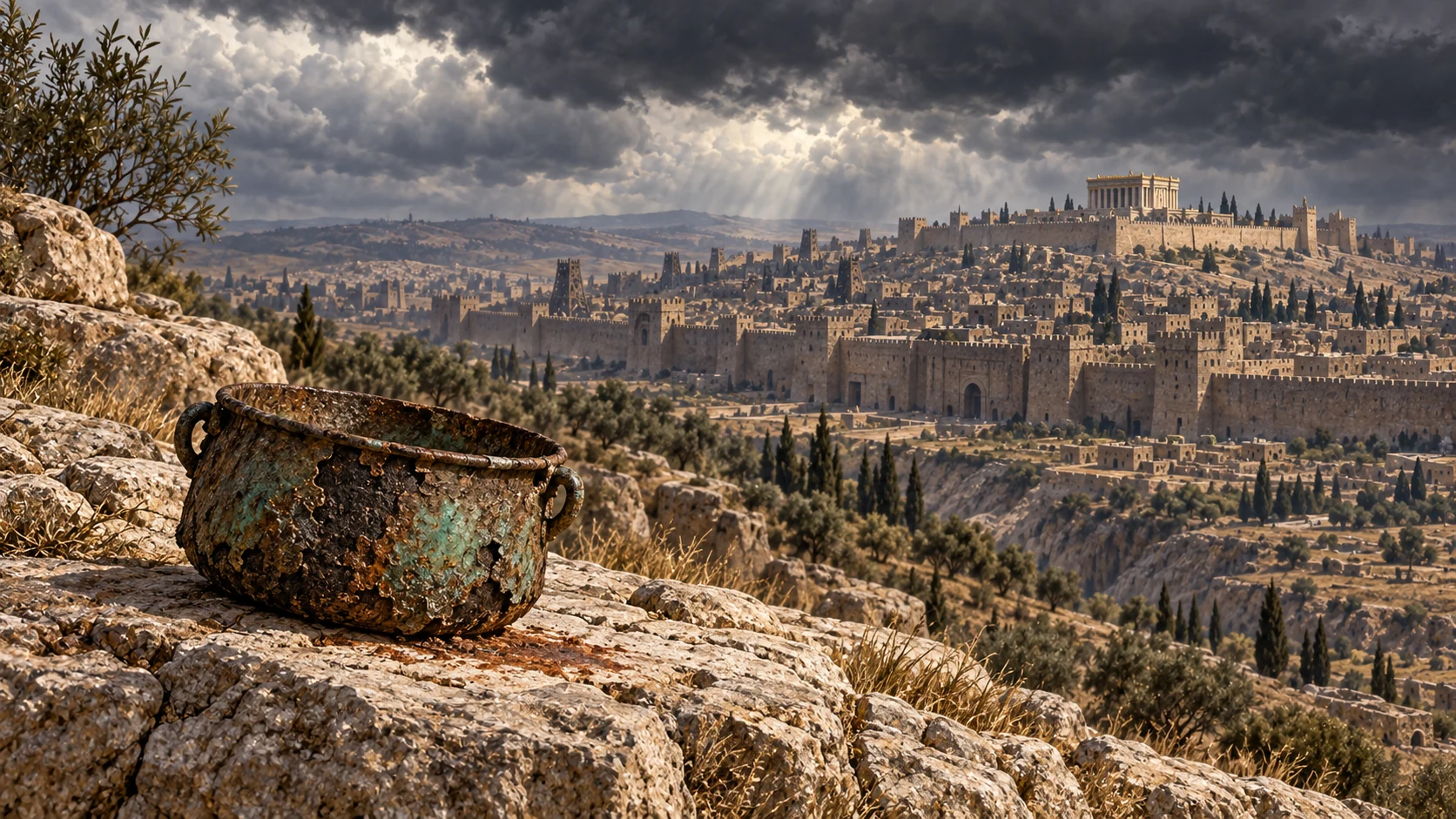 A corroded pot rests on bare stone before a distant Jerusalem.