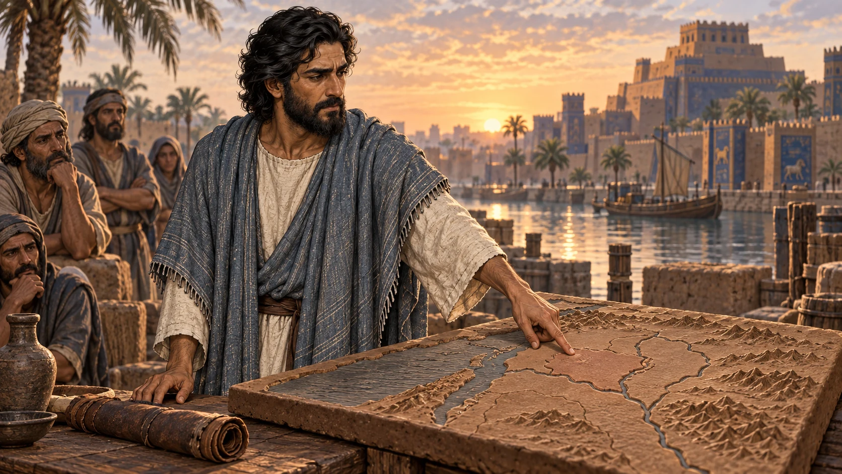Ezekiel points to an unlettered relief map beside the Babylonian canal.