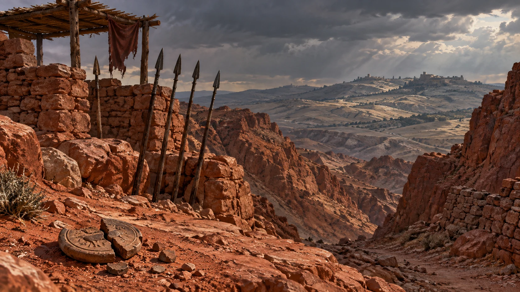 Spears stand at an empty red-sandstone Edomite watch post above distant hills.