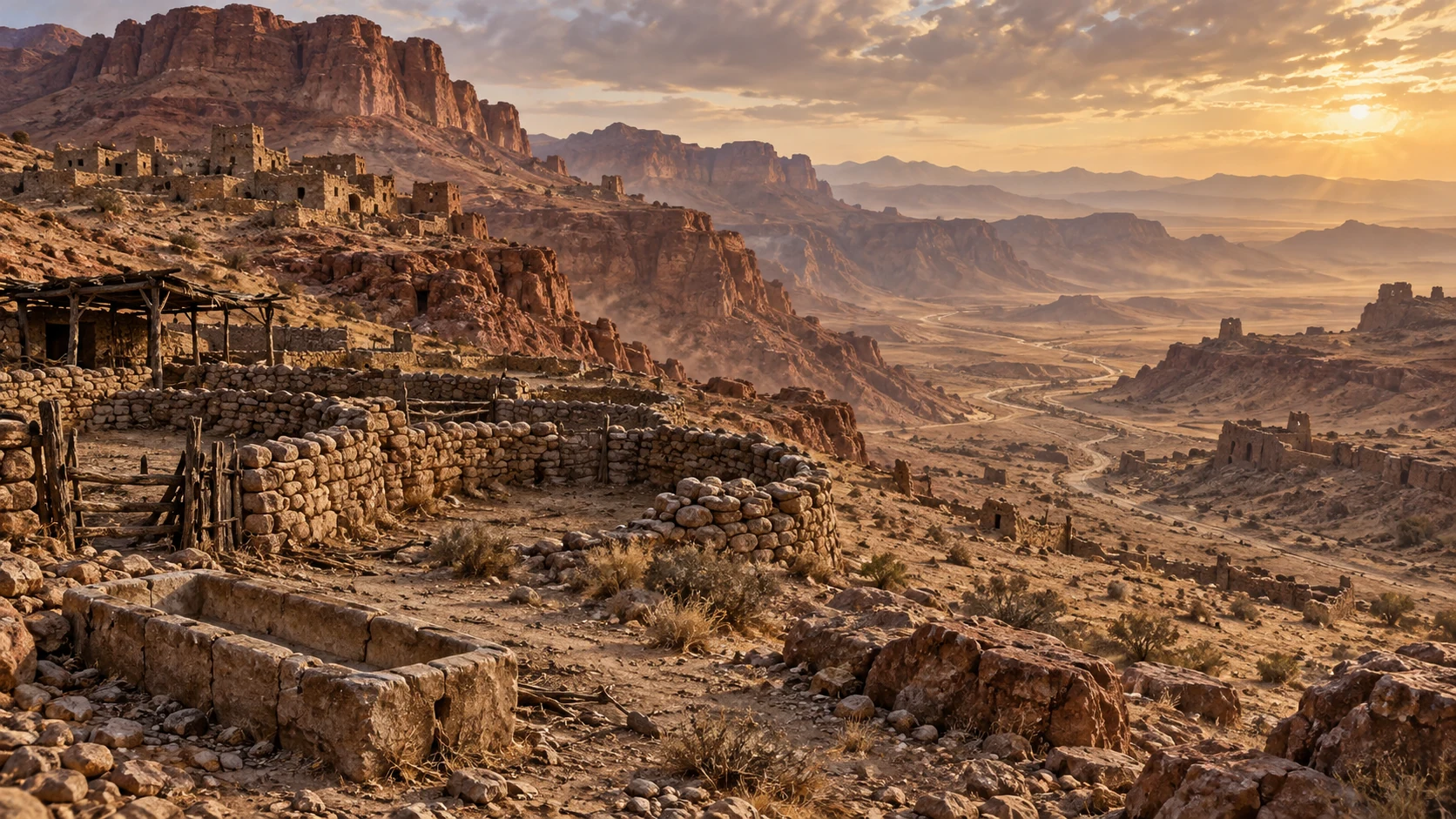 Empty stone corrals and a dry trough overlook Edom’s long desert road.