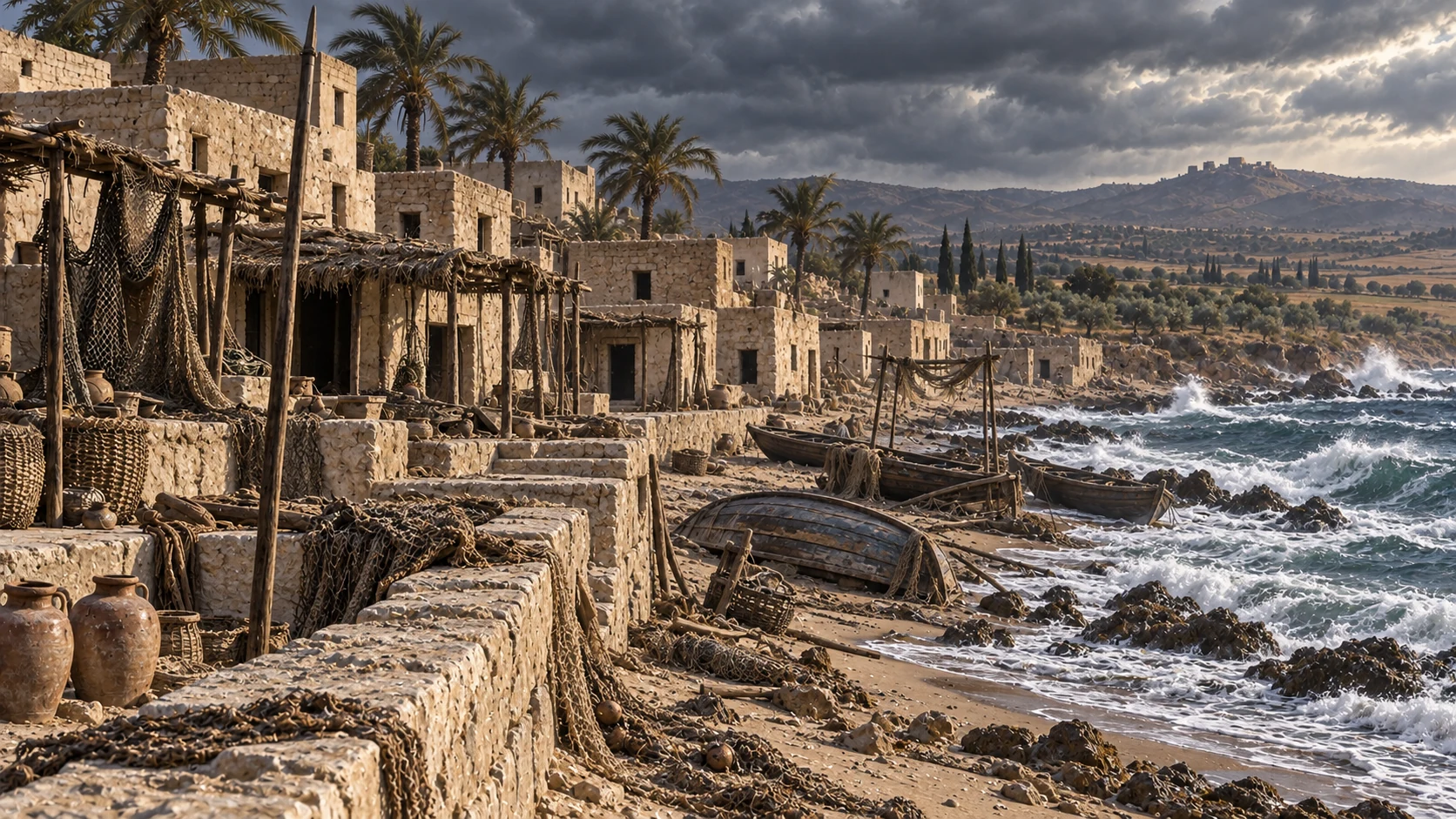 The same kind of shore is now emptied, with abandoned nets and overturned boats.