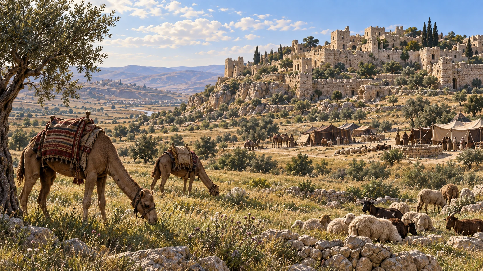 Camels and flocks graze outside Rabbah beside tents of eastern peoples.