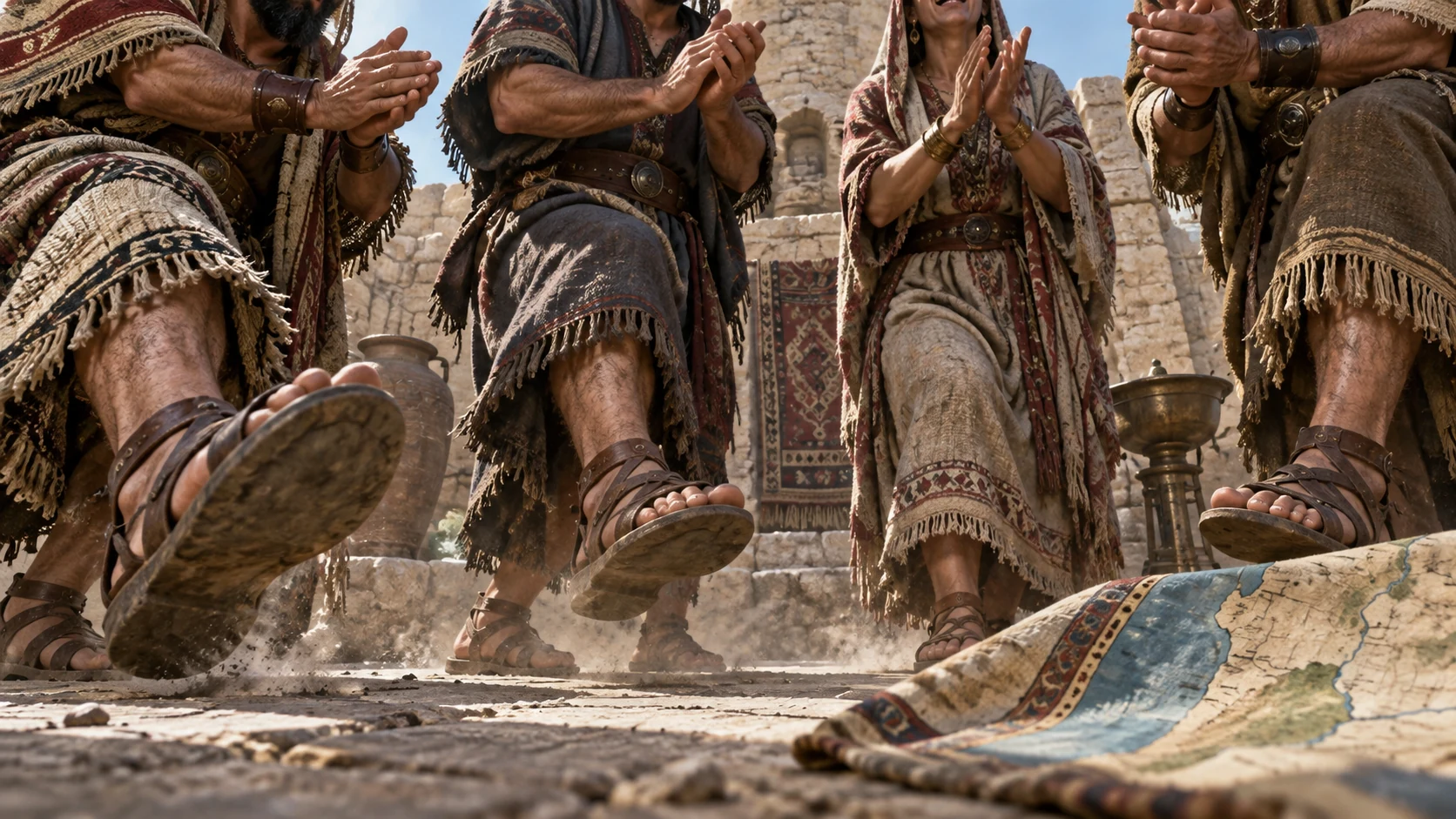 A tight view isolates clapping hands and stamping sandals in an Ammonite courtyard.