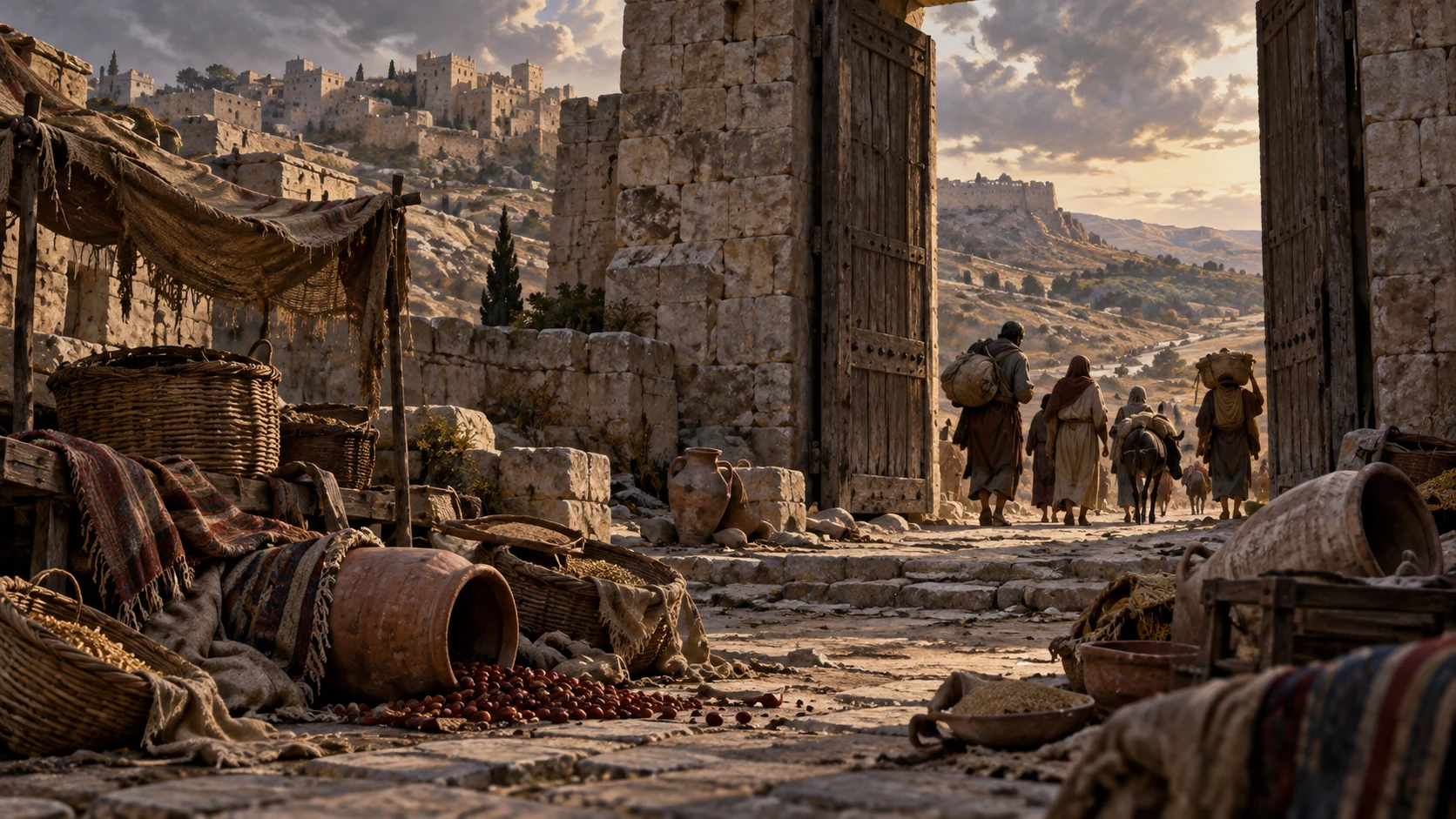 People leave a weathered gate of Rabbah past empty baskets and spilled fruit.