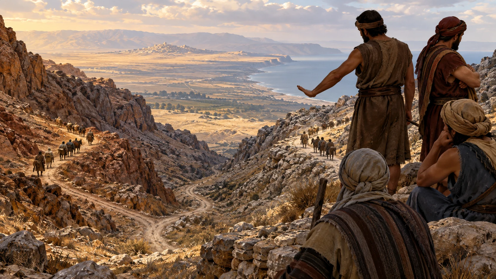 Onlookers above two converging highland roads turn dismissively toward distant Judah.