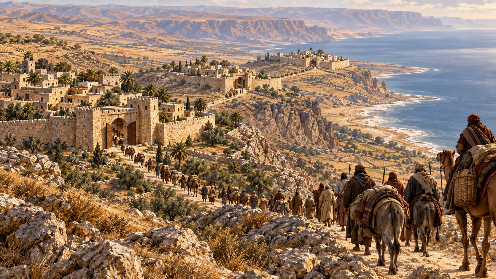 An eastern caravan approaches open gates in a chain of Moabite frontier towns.