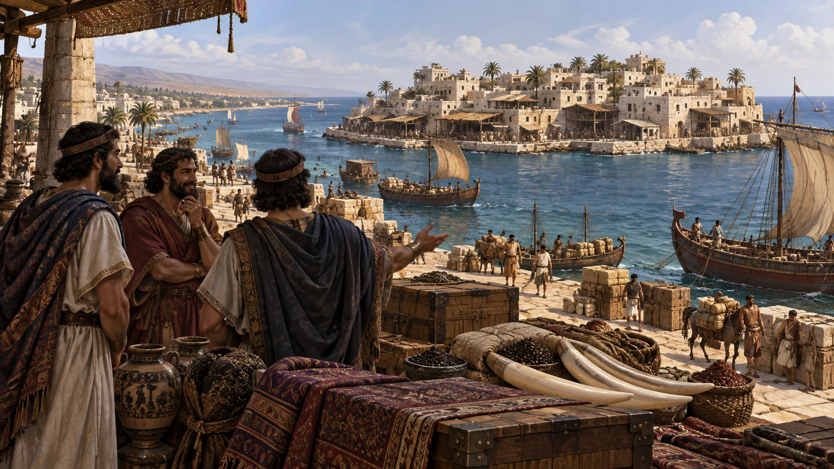Anonymous merchants gesture toward busy Tyre harbor across an open channel.