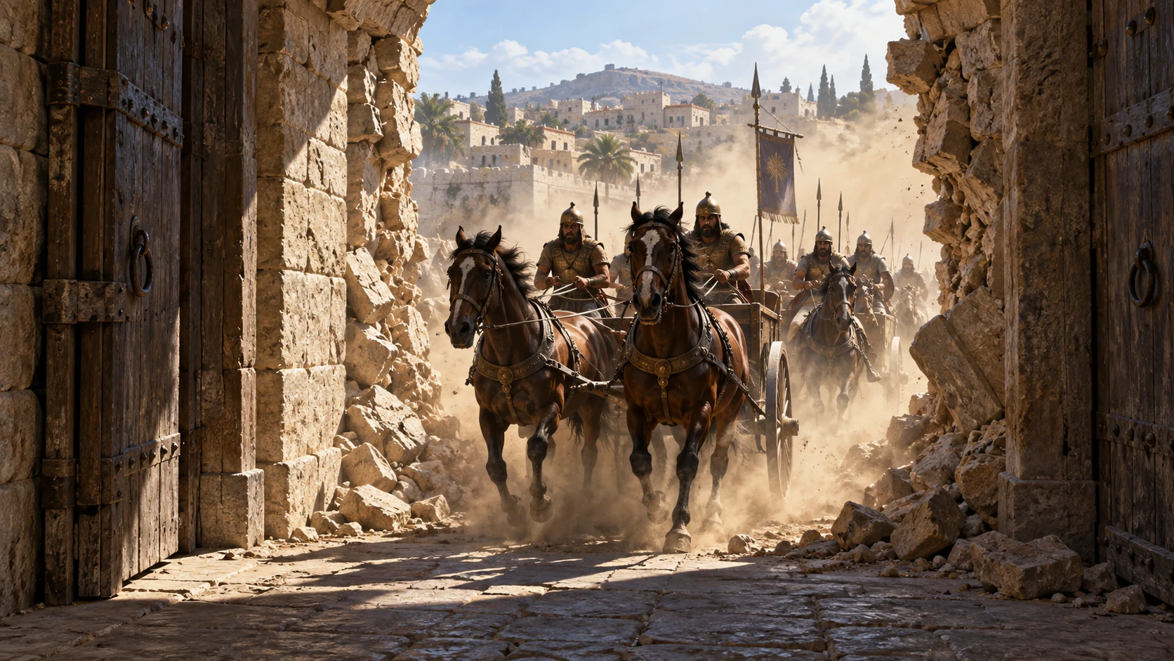Seen from inside a broken gate, Babylonian horsemen and chariots enter.
