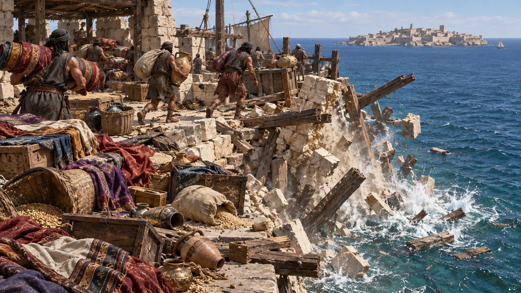 Invaders carry textiles while warehouse rubble and beams tumble into coastal water.