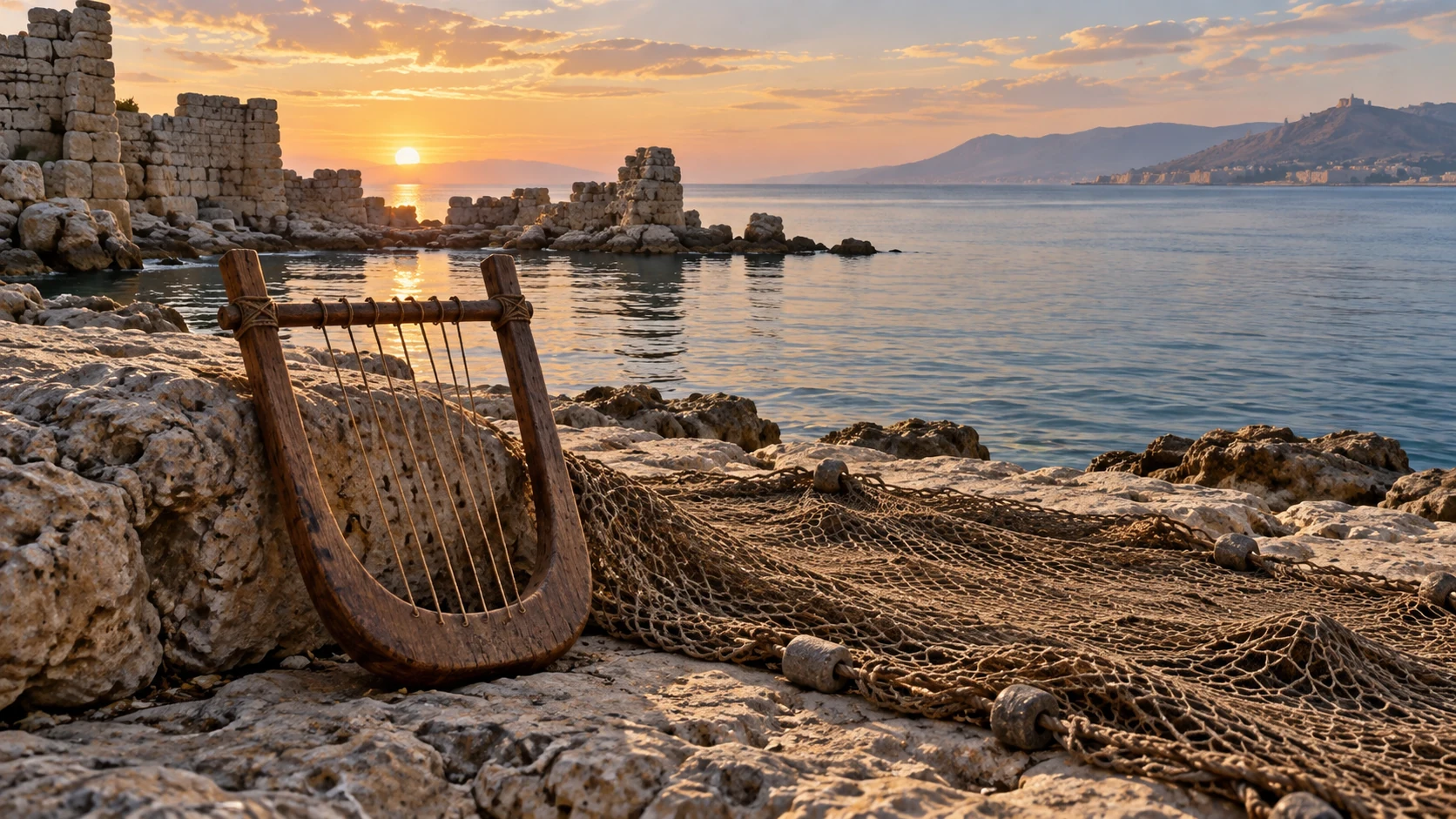 An ancient U-shaped lyre rests among nets on Tyre’s bare island quay.
