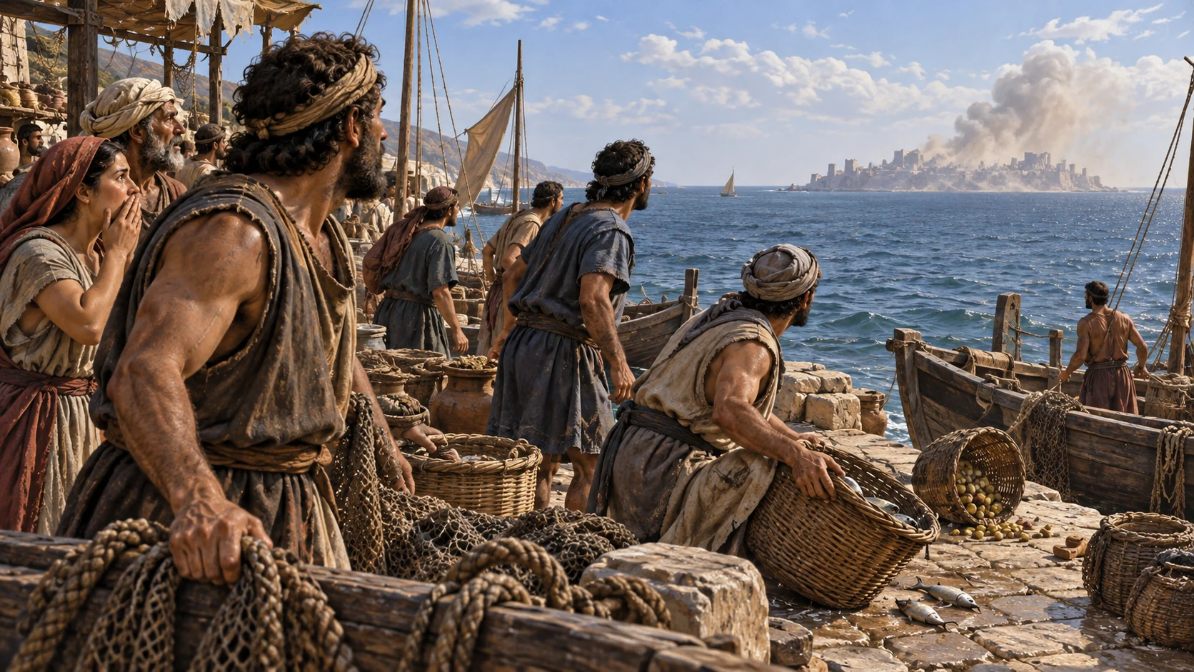 People on another coastal quay turn toward distant fallen Tyre.