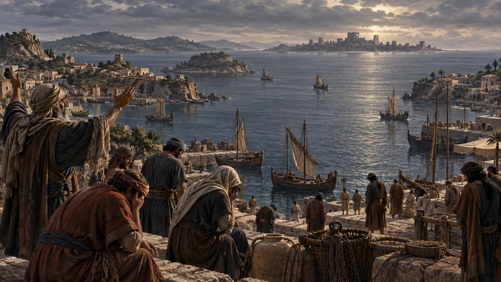 Harbor communities turn toward distant Tyre while one elder raises a grieving hand.