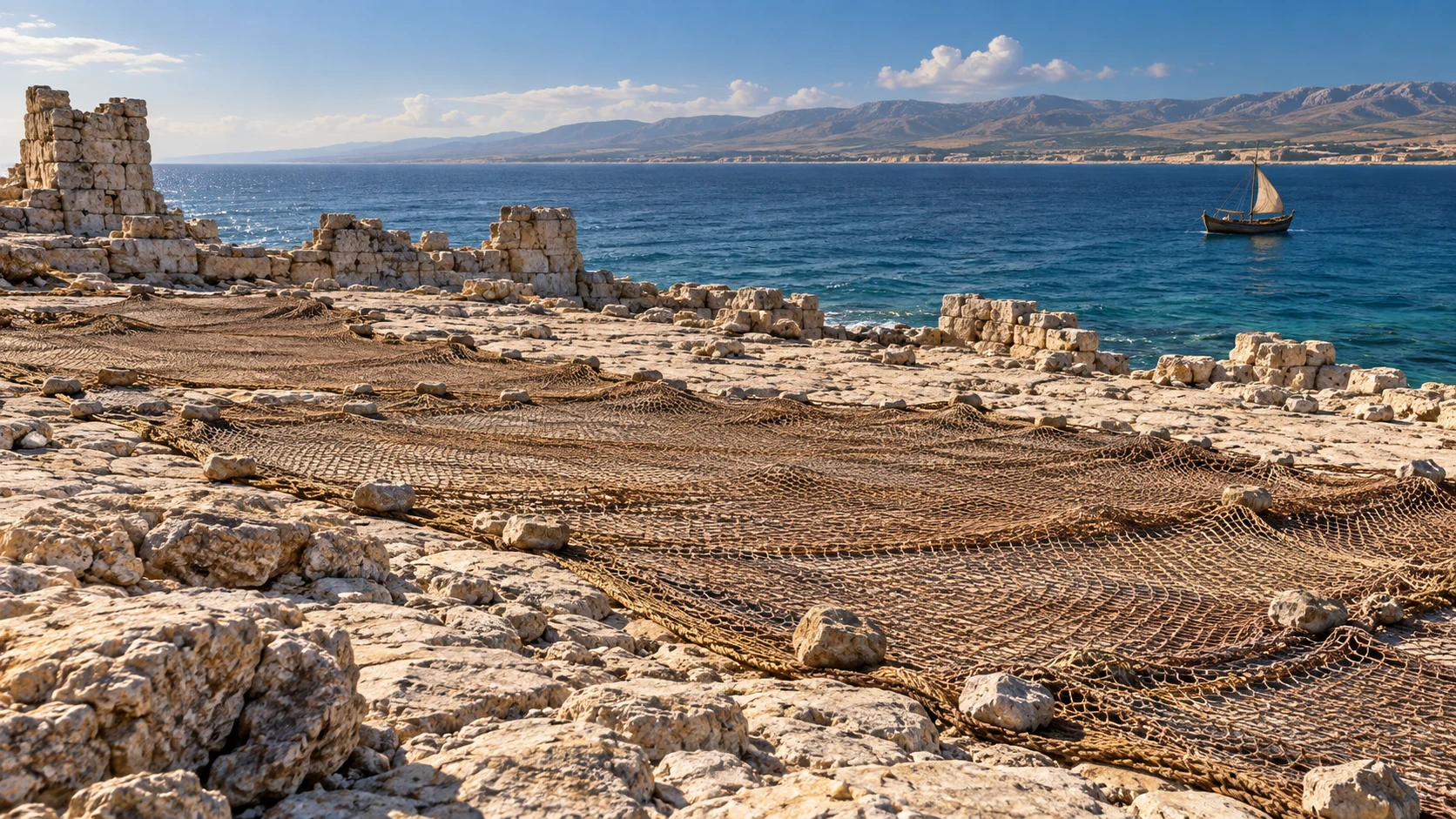 Nets cover Tyre’s bare island stone beside broken wall fragments.