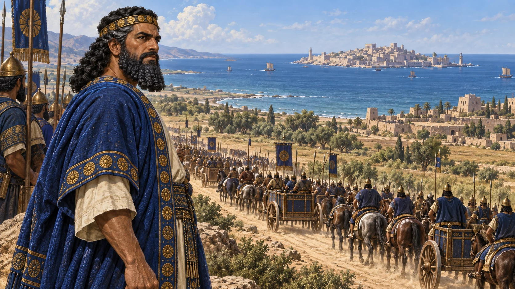 Nebuchadnezzar surveys a land force moving toward the coast, with island Tyre offshore.