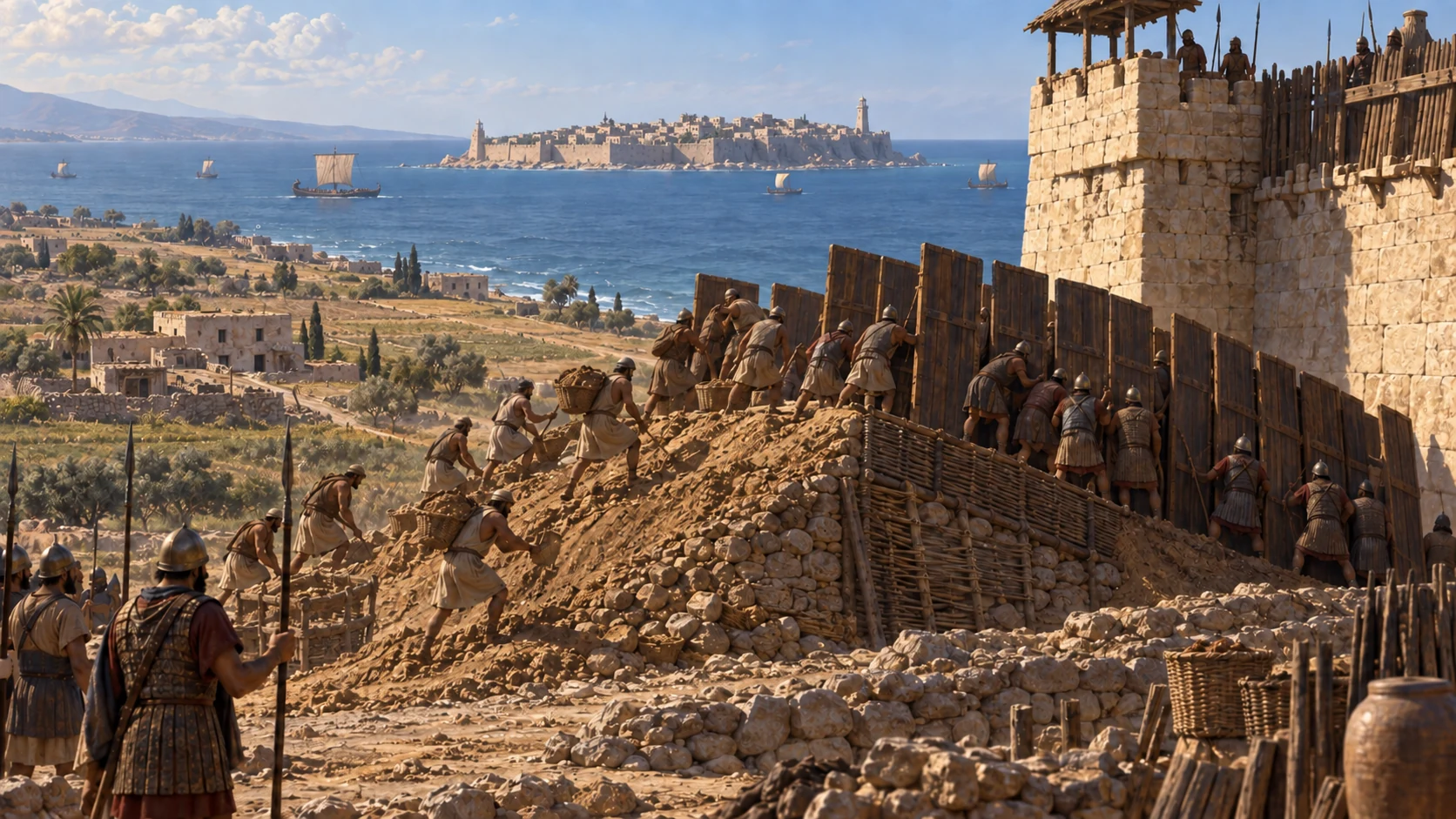 Soldiers build an earthen ramp beneath broad shields against a coastal wall.