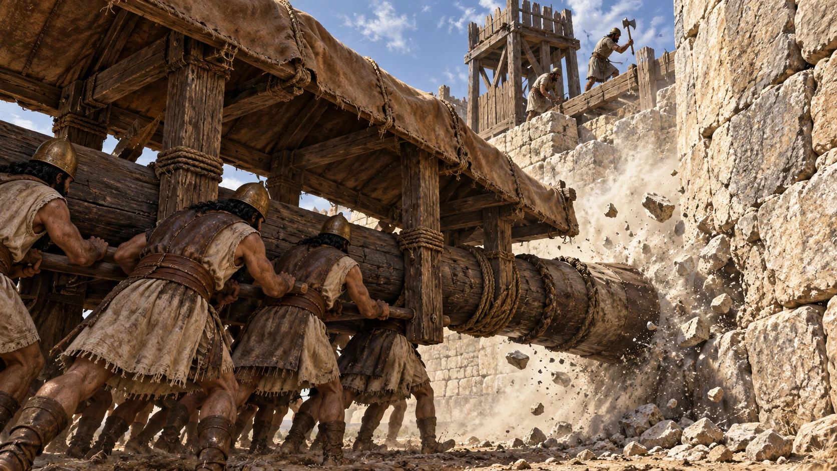 A covered wooden ram strikes a limestone wall while axes work above.