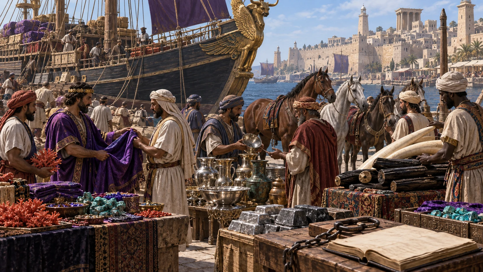 Merchants exchange metals, animals, ivory, purple cloth, and gems beside an empty broker’s ledger and chain.