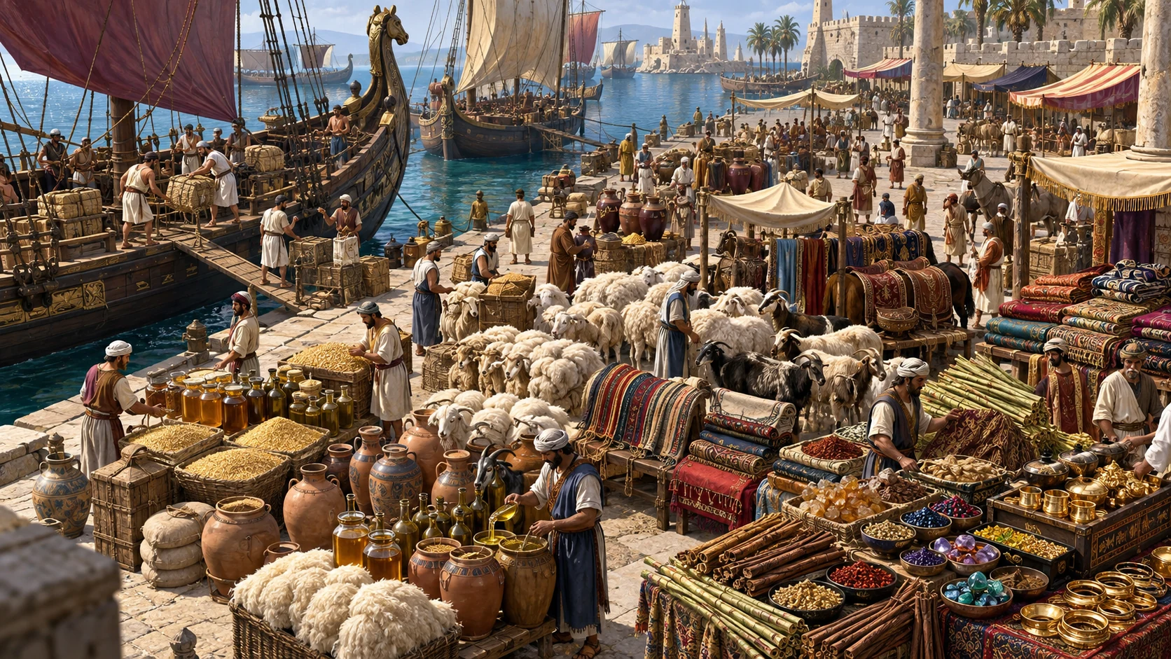 A busy quay fills with grain, honey, oil, wool, spices, animals, gold, and bundled fabrics.