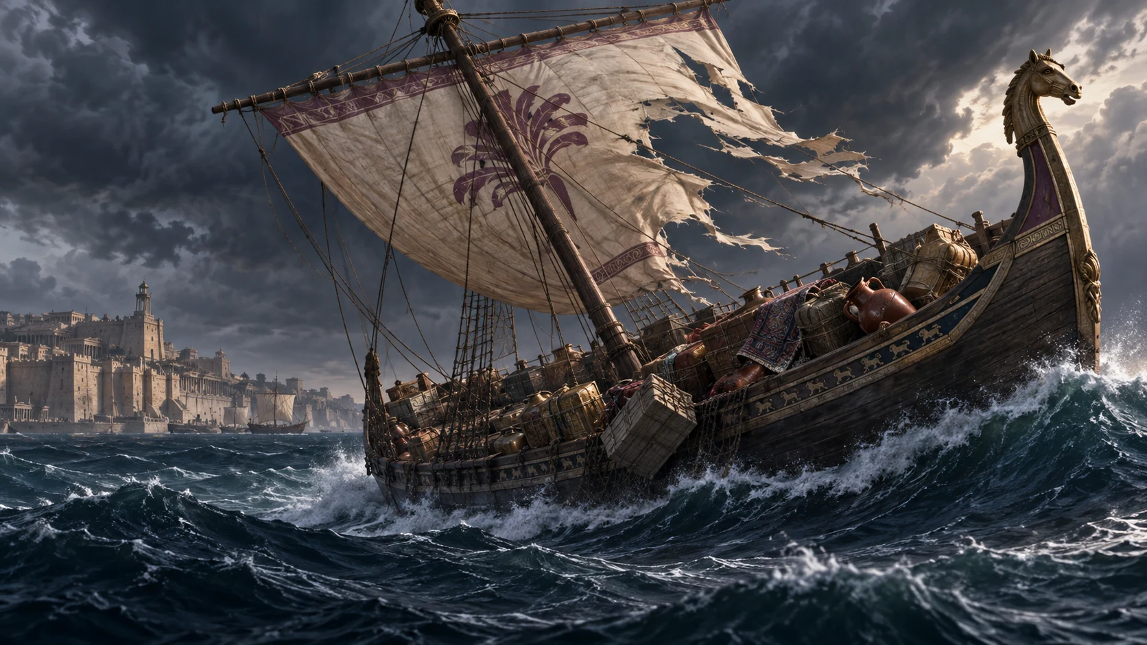 A storm tears the sail and shifts cargo on the Tyrian merchant ship.
