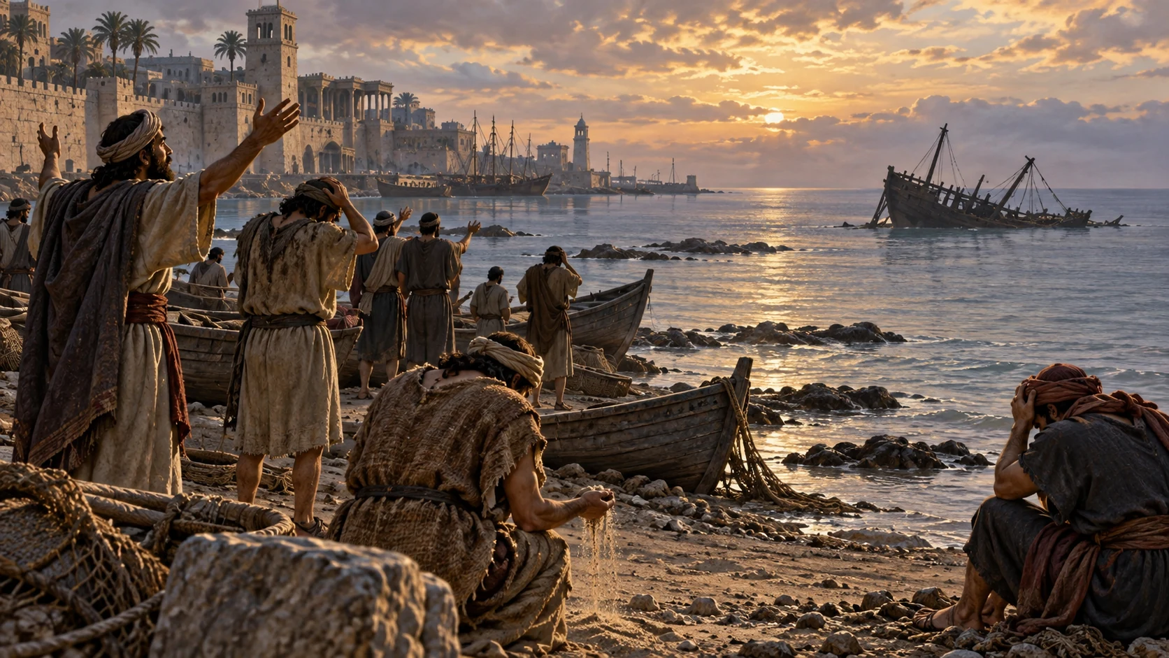 Sailors in sackcloth grieve safely from shore beside beached skiffs and a distant broken hull.
