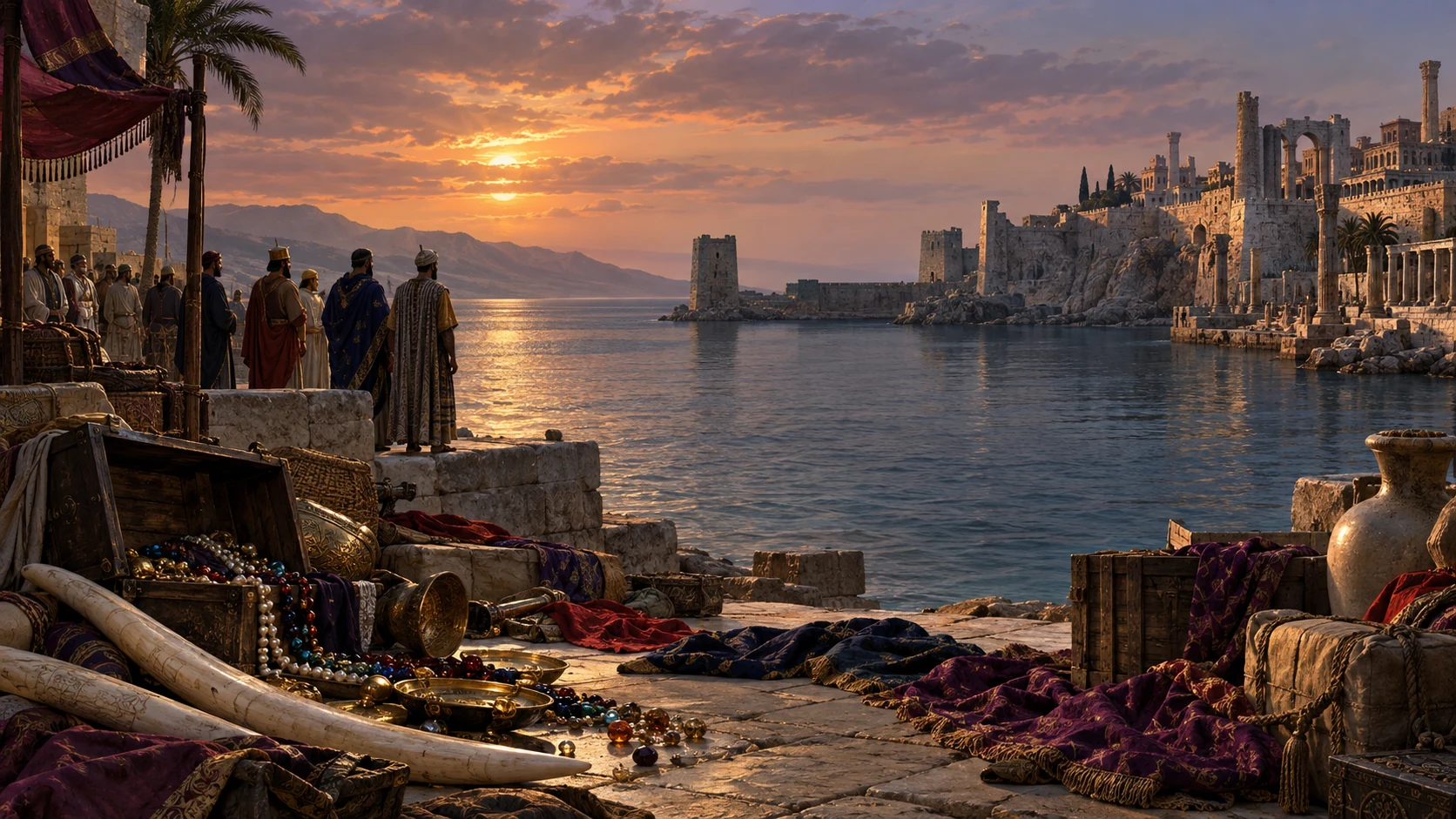 Scattered wares lie on a silent quay as distant merchants and kings regard empty water.