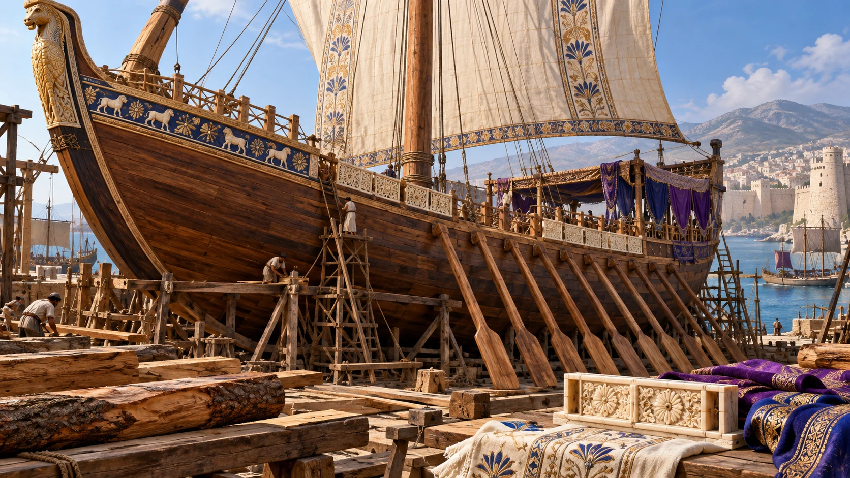 Artisans work cypress planks, cedar mast, oak oars, ivory deckwork, linen sail, and colored covering.