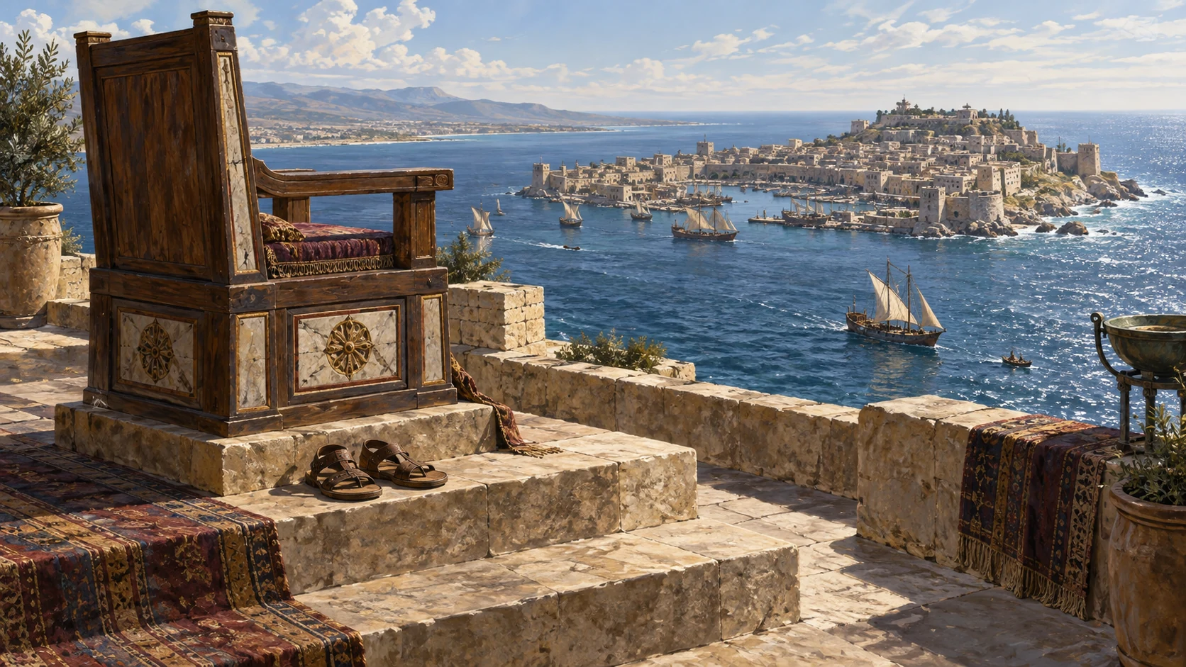 An empty human-scale seat faces Tyre’s island harbor, with sandals left at its foot.