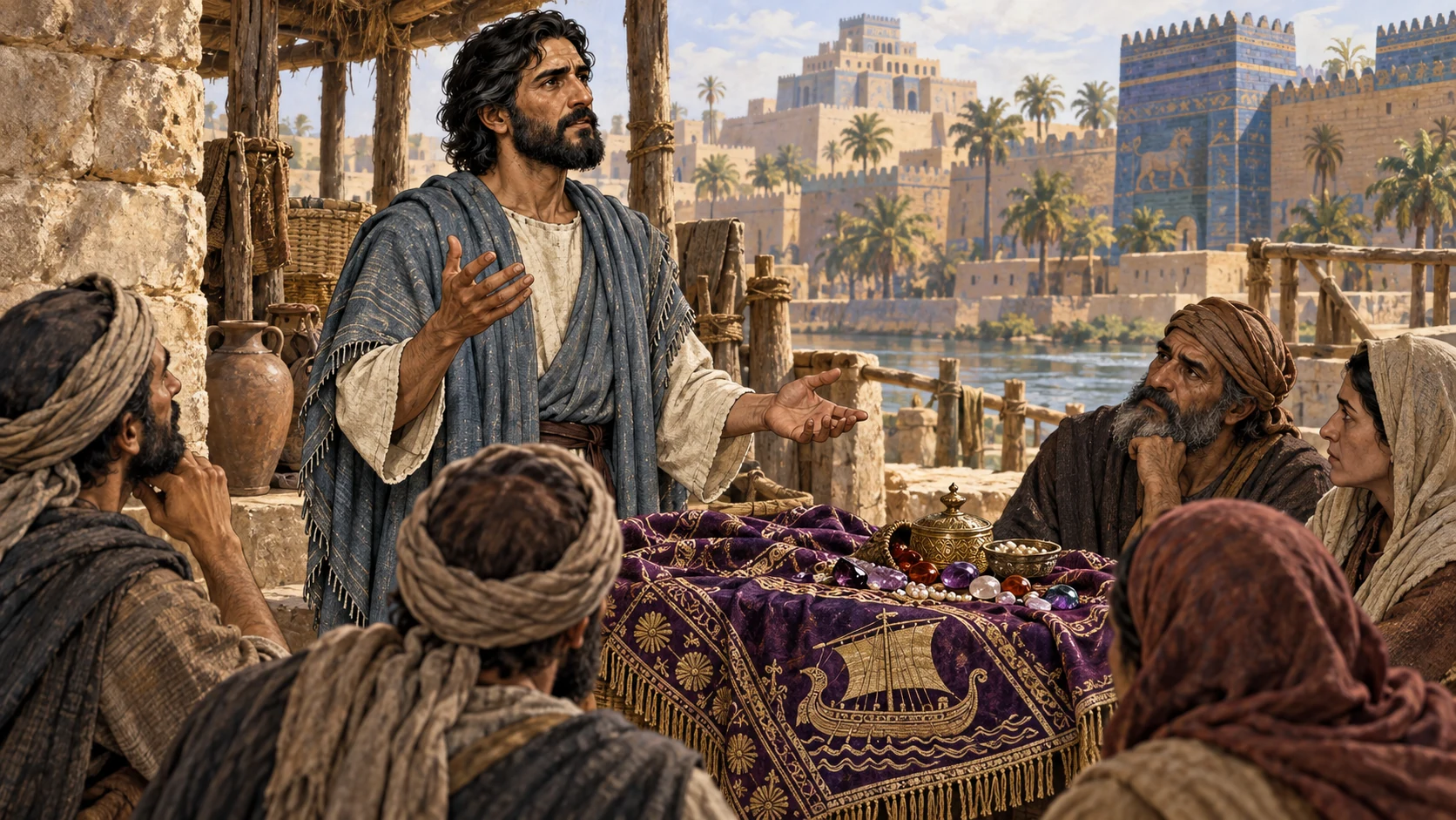 A blue-gray mantled prophet raises a lament before Tyrian cloth and precious stones.