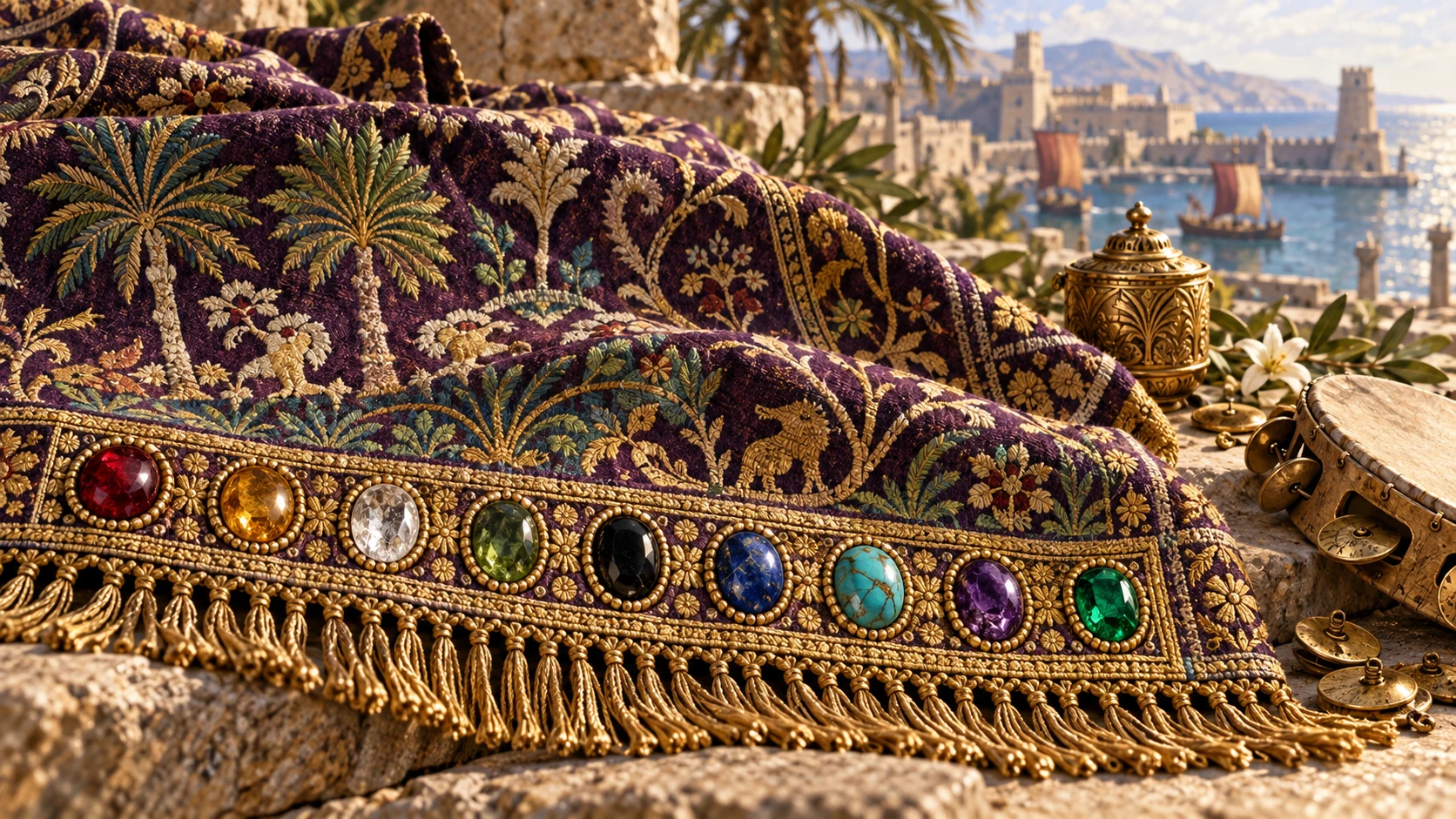 A richly worked garden tapestry bears gemstones beside Tyre’s harbor.