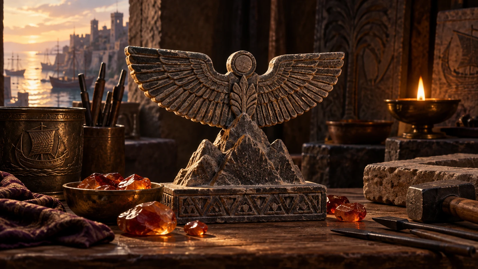 A carved winged relief stands on a mountain-shaped pedestal among red stones.