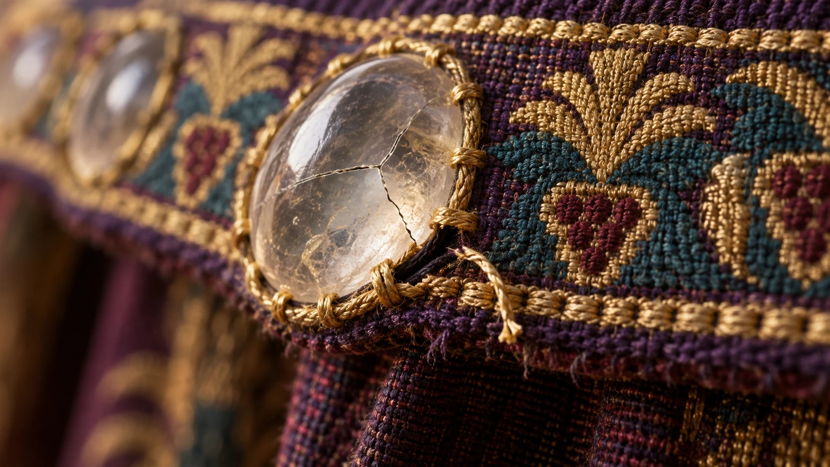 A smooth cabochon stone cracks in embroidered Tyrian cloth.