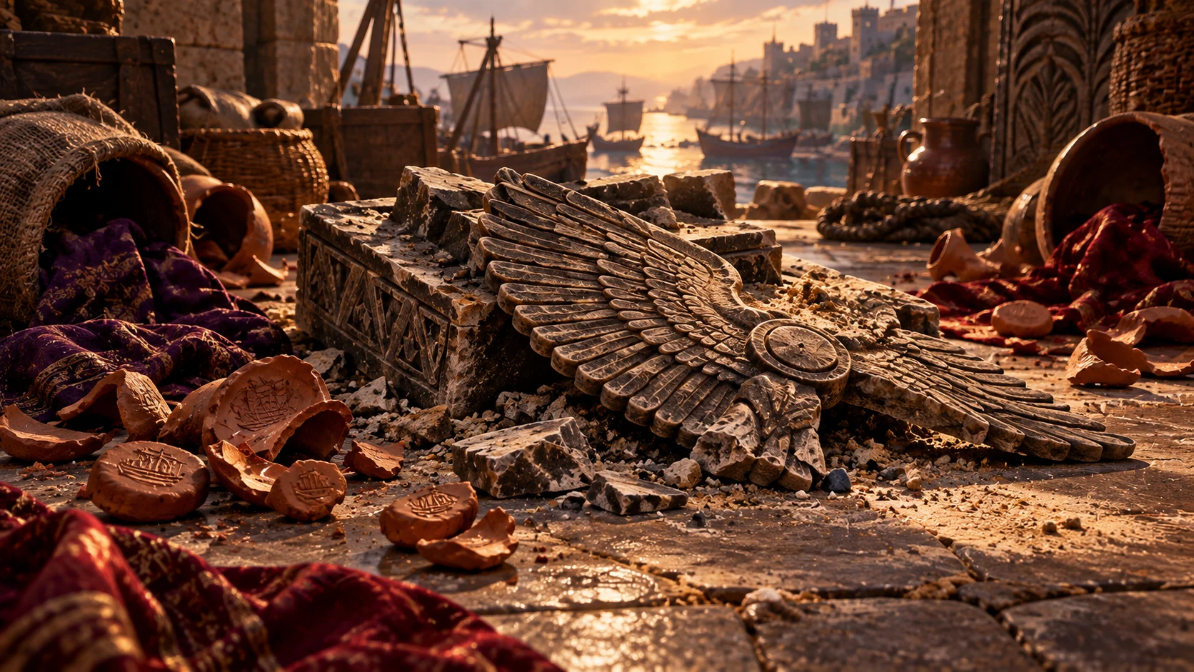 A broken carved wing lies among scattered Tyrian cargo on a harbor terrace.