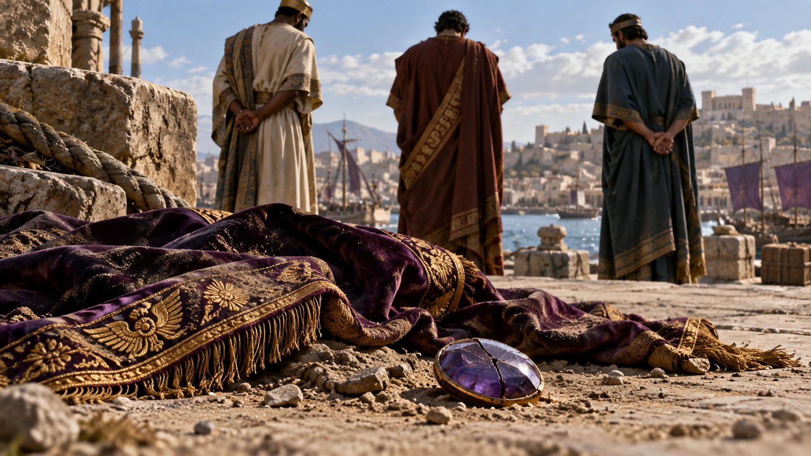 Unidentified rulers view a fallen purple mantle and cracked jewel from a distance.