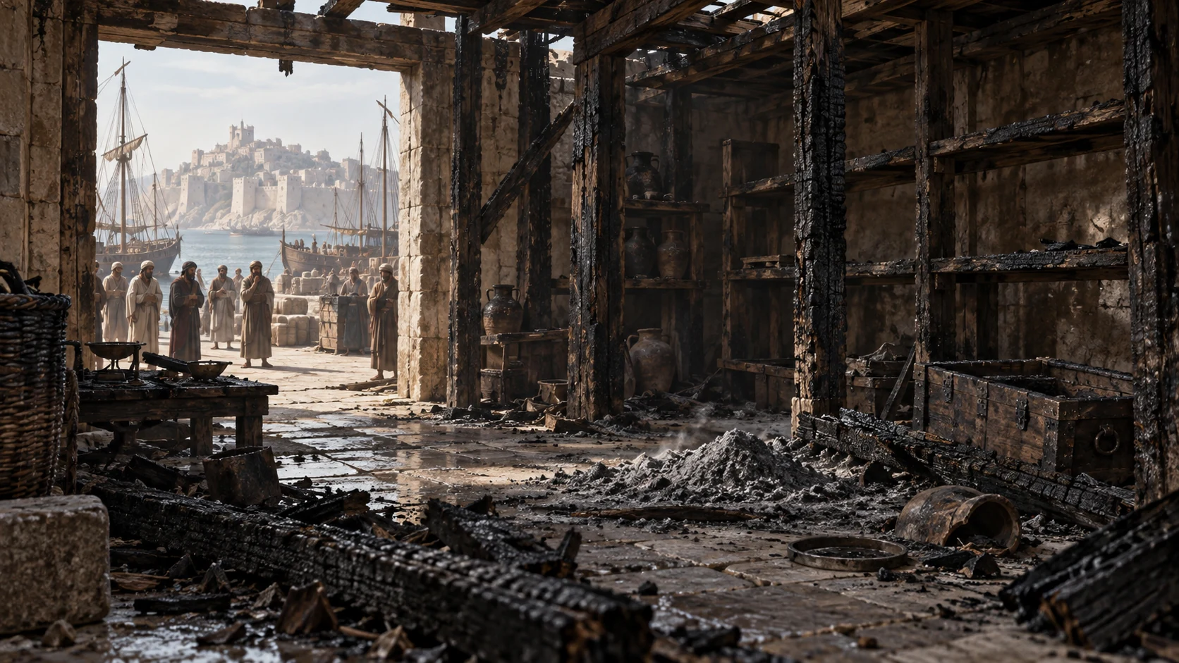 A charred, empty Tyrian storeroom opens toward distant onlookers by the quay.