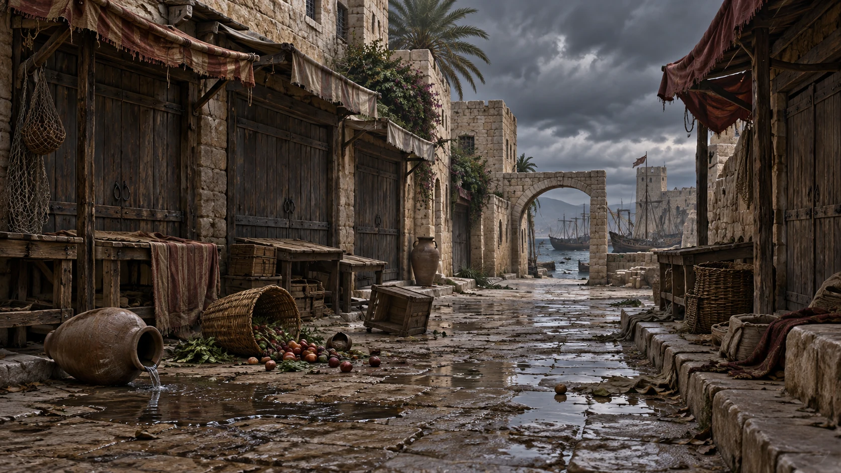 Sidon’s abandoned market stands under storm clouds, with scattered goods but no victims.