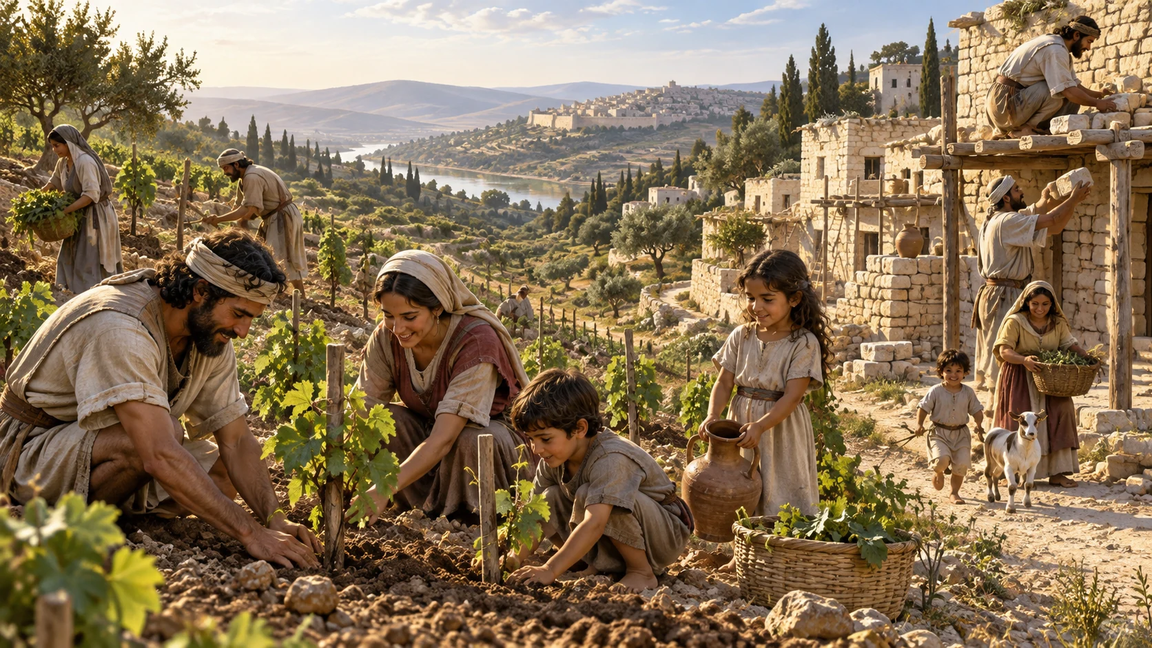 Returning households plant vines and repair homes in a sunlit Israelite village.