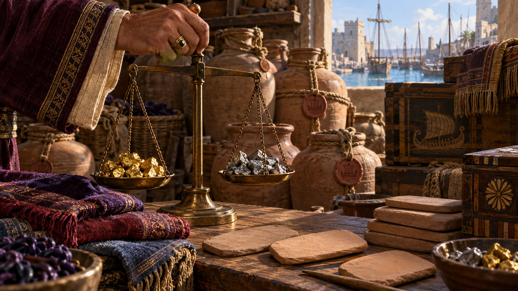 A Tyrian trader weighs irregular gold and silver beside unmarked clay tablets and rich cloth.
