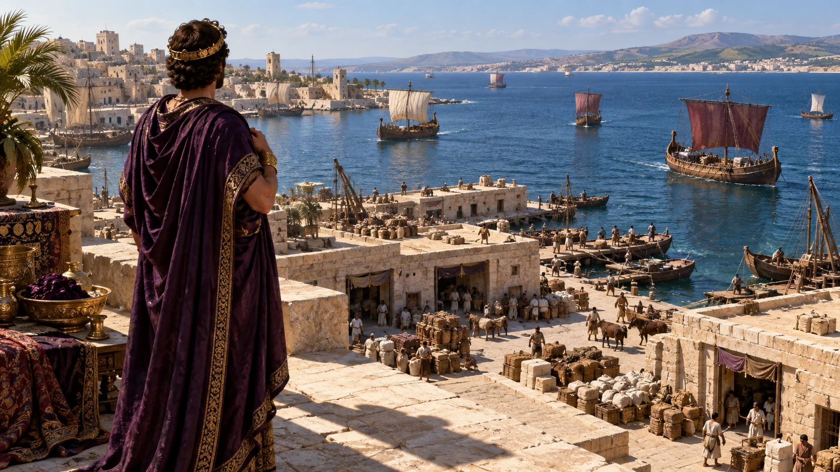 An unnamed robed human overlooks Tyre’s busy harbor from the island terrace.