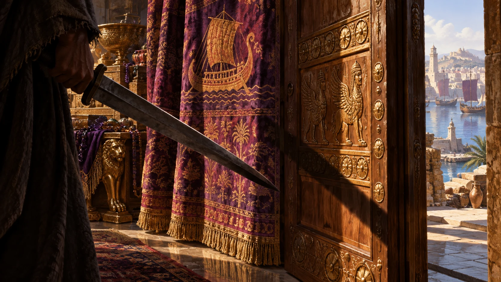 An anonymous sword enters a chamber of Tyrian fabrics and carved ornament.