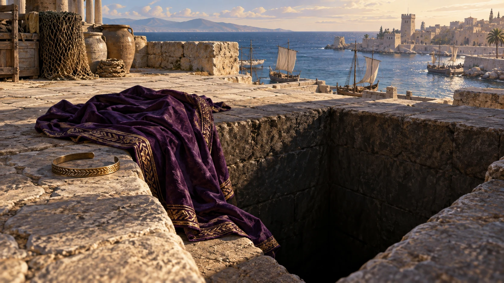 An empty royal mantle and headband lie beside a shadowed stone opening above the sea.