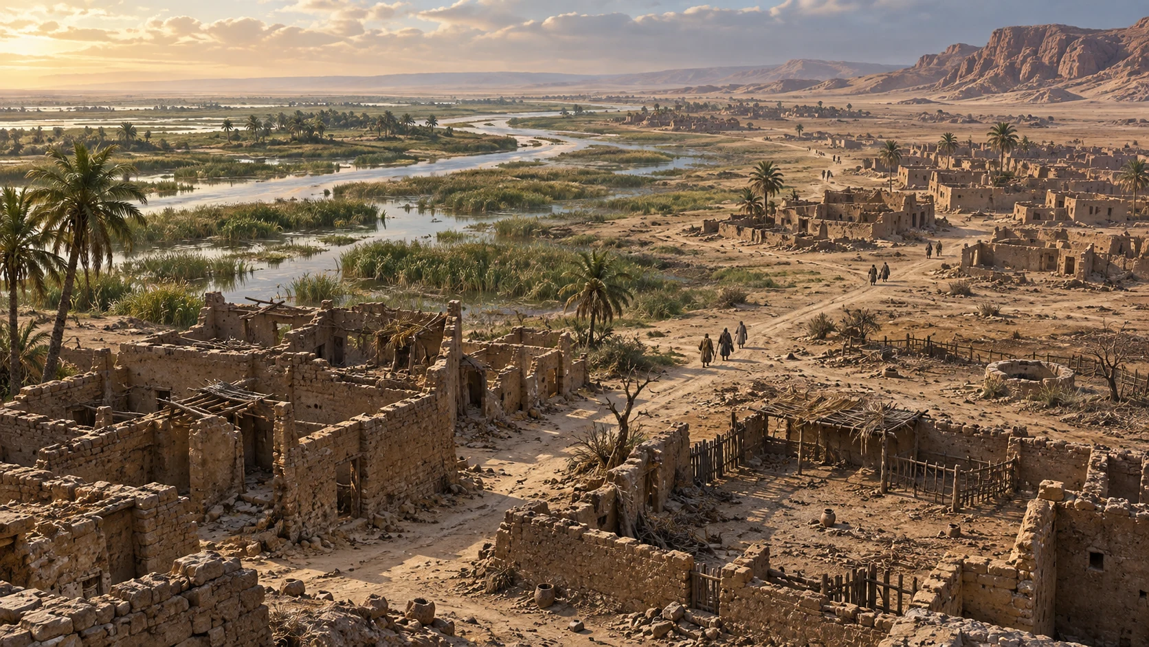 Scattered households leave ruined settlements along a broad Nile corridor.