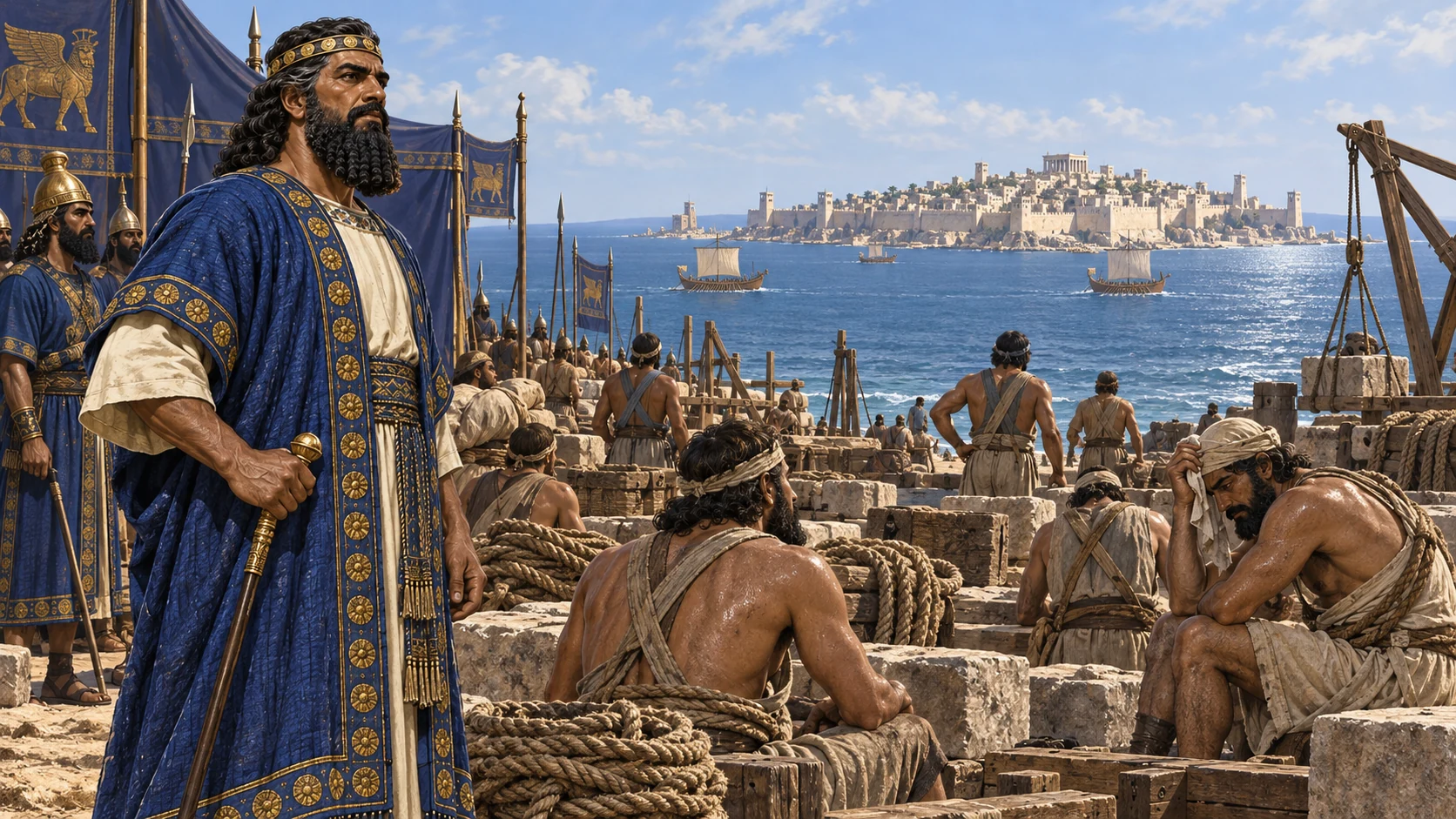 Nebuchadnezzar surveys Tyre from a coastal labor camp as workers rest.